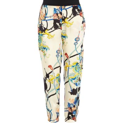 Cream oriental print cuffed hem trousers