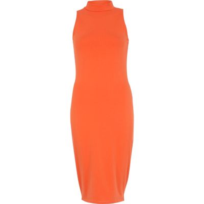 Red turtle neck sleeveless midi dress 