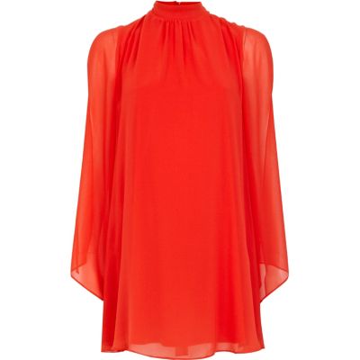 Bright red bell sleeve sheer dress