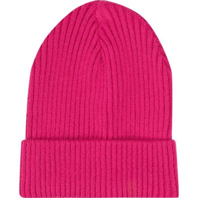 Pink ribbed knit turn up beanie hat