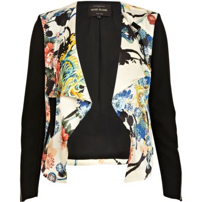 Black oriental print waterfall biker jacket