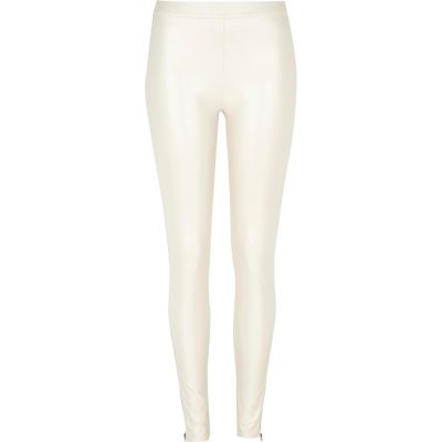 Beige coated denim-look leggings 