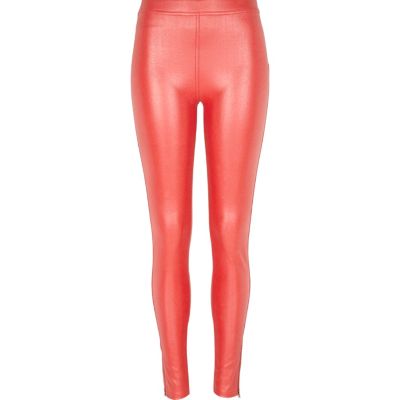 Red coated denim-look leggings