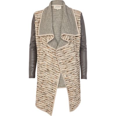Cream boucle longline waterfall biker jacket