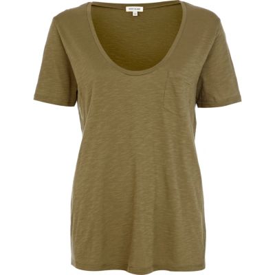 Khaki marl low scoop neck t-shirt