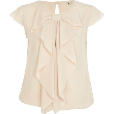 Cream bubble hem bow blouse