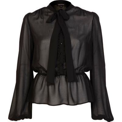 Black sheer pussy bow blouse