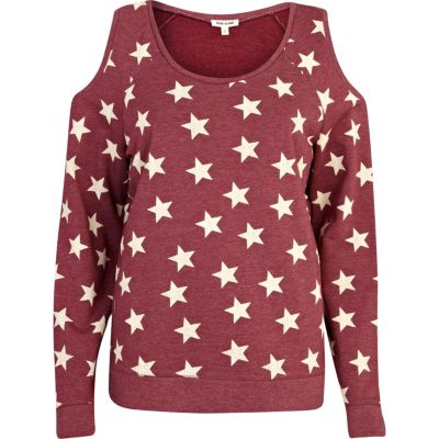 Red star print cold shoulder sweatshirt