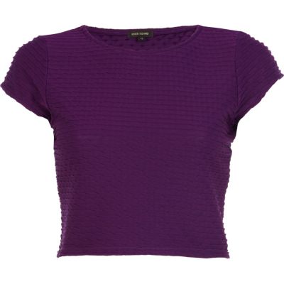 Purple textured cap sleeve crop top