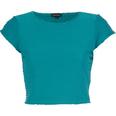 Green textured cap sleeve crop top