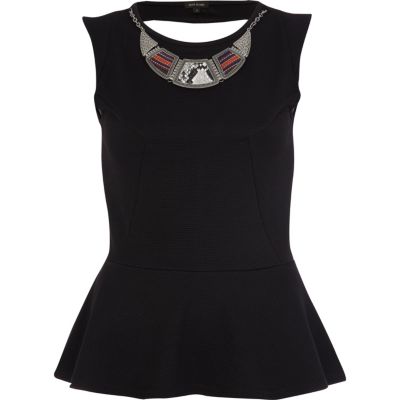 Black textured tribal necklace peplum top