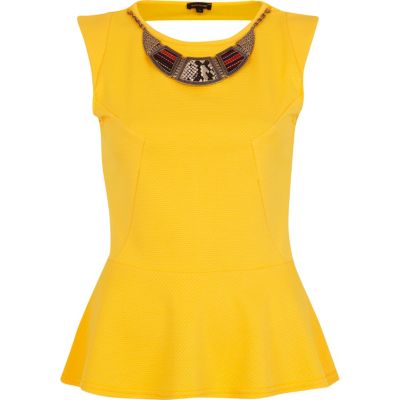 Yellow textured tribal necklace peplum top