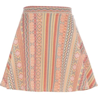 Orange washed aztec print skater skirt