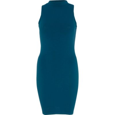 Teal turtle neck sleeveless bodycon dress