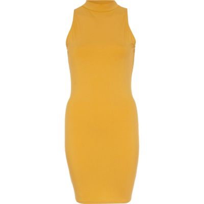 Dark yellow turtle neck bodycon dress