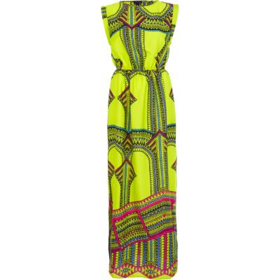 Bright green geometric print maxi dress