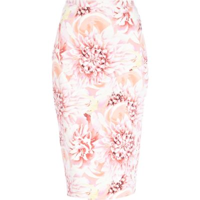 Pink flower petal print pencil skirt