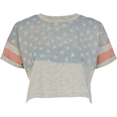Grey American flag print cropped t-shirt