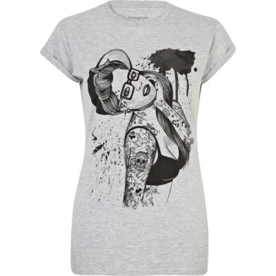 Grey tattoo girl print t-shirt