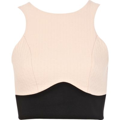Pink colour block racer front crop top