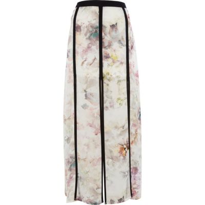 White floral print split panel maxi skirt