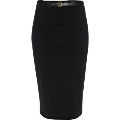 Black buckle ribbed pencil skirt
