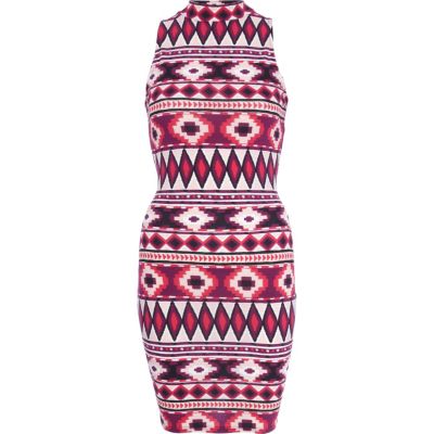 Red aztec print turtle neck bodycon dress