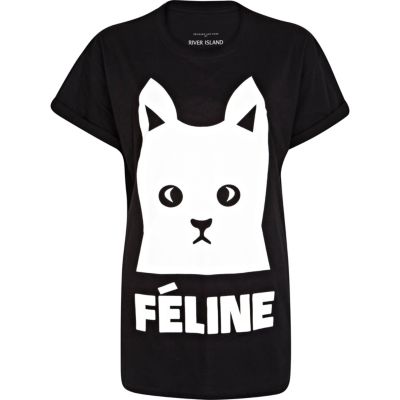 Black feline cat print t-shirt