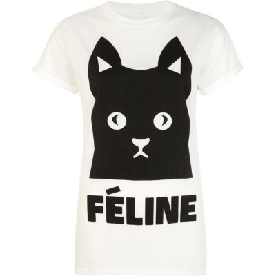 White feline cat print t-shirt