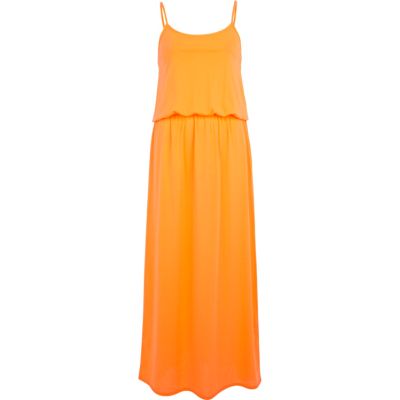 Bright coral waisted cami maxi dress