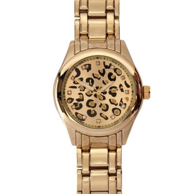 Gold tone leopard print round watch