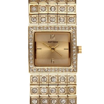 Gold tone diamante encrusted square watch