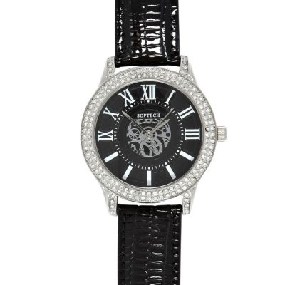 Black leather strap diamante encrusted watch
