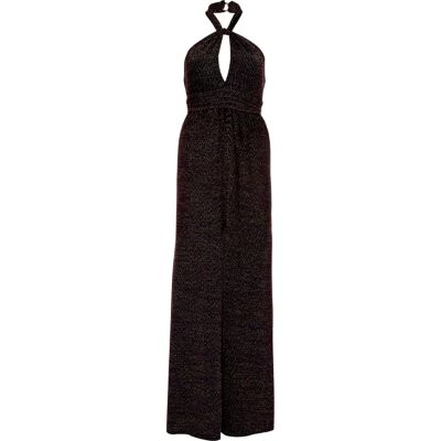 Black metallic halter neck knitted maxi dress