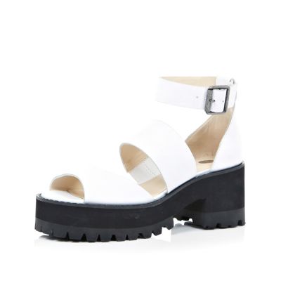 White chunky strap block heel sandals