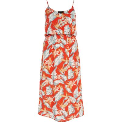 Red floral print cami midi dress