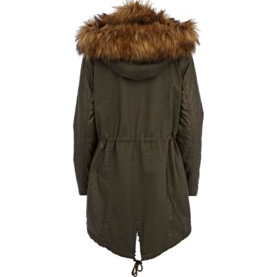 Khaki faux fur front parka jacket