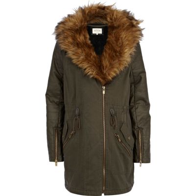 Khaki faux fur front parka jacket