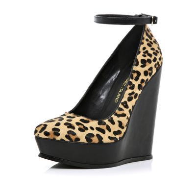 Brown leopard print ankle strap wedges