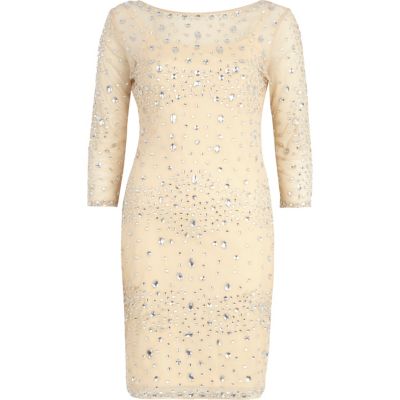 Beige jewel embellished bodycon dress