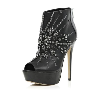 Black embellished open toe shoe boots