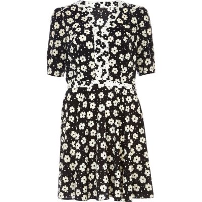 Black floral print contrast trim tea dress