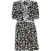 Black floral print contrast trim tea dress
