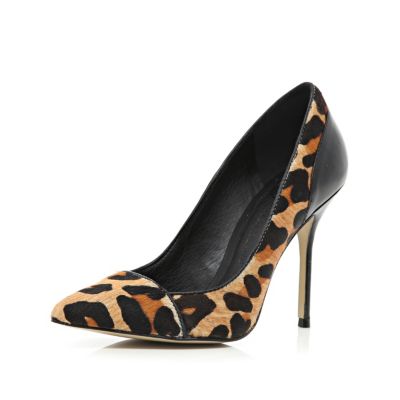 Brown leopard print pony skin court shoes