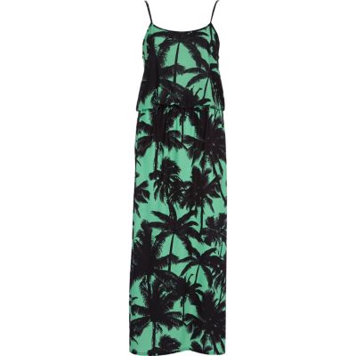 Green palm print cami maxi dress