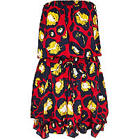 Red graphic leopard print bandeau dress
