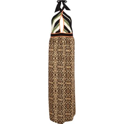 Brown leopard print wrap neck maxi dress