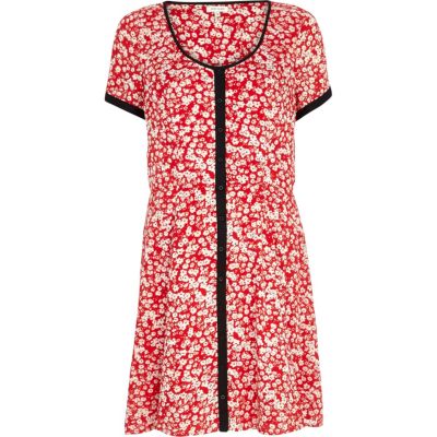 Red floral print tea dress