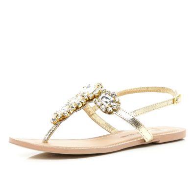 Gold jewel embellished t bar sandals