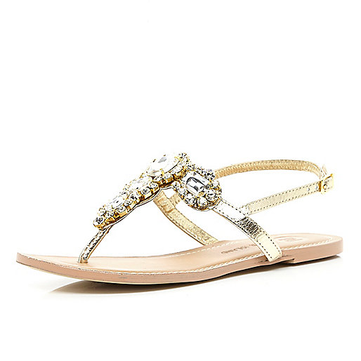 Gold jewel embellished t bar sandals
